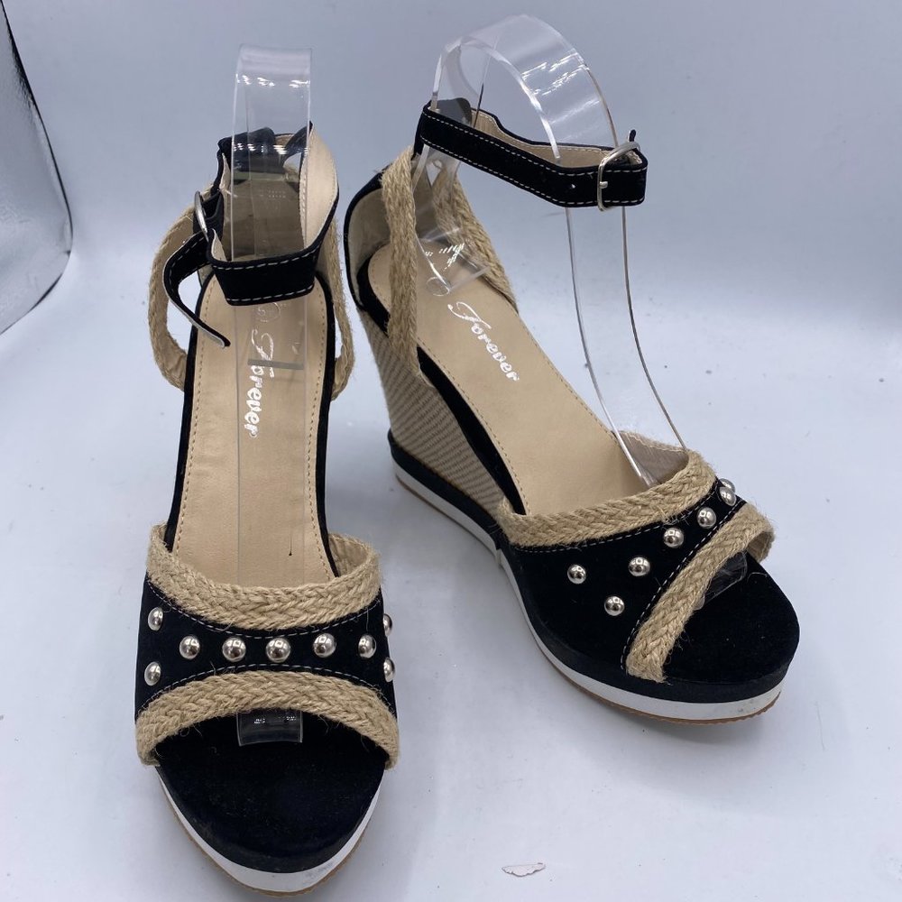 Black Peep Toe Platform Wedge Ankle Strap Sandal